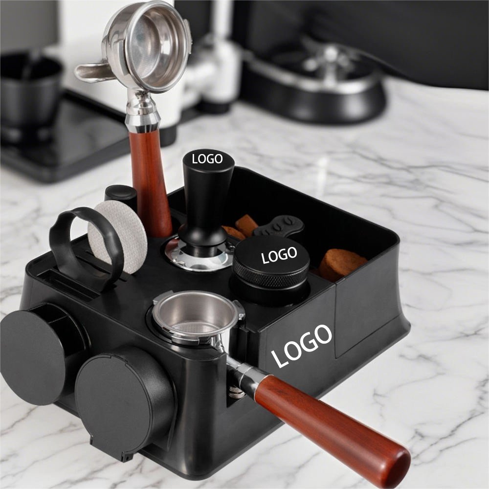 Custom-logo coffee tamper, distributor and portafilter accessory set for private-label buyers
