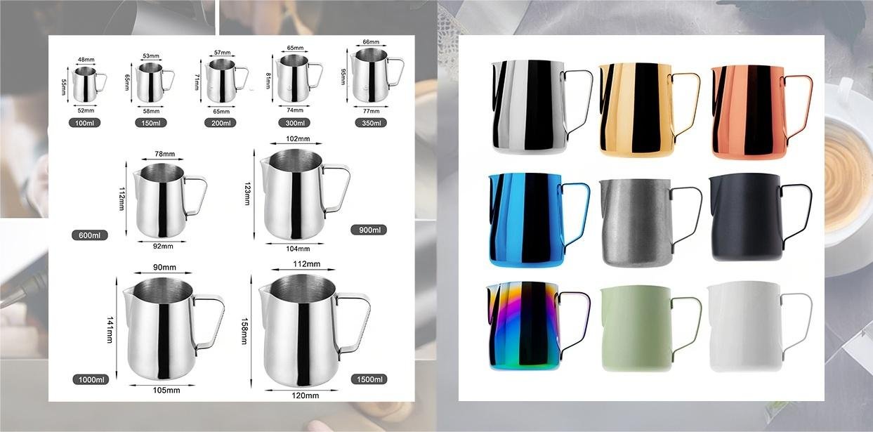 Real Coffmach product image showing milk pitcher capacities and dimensions