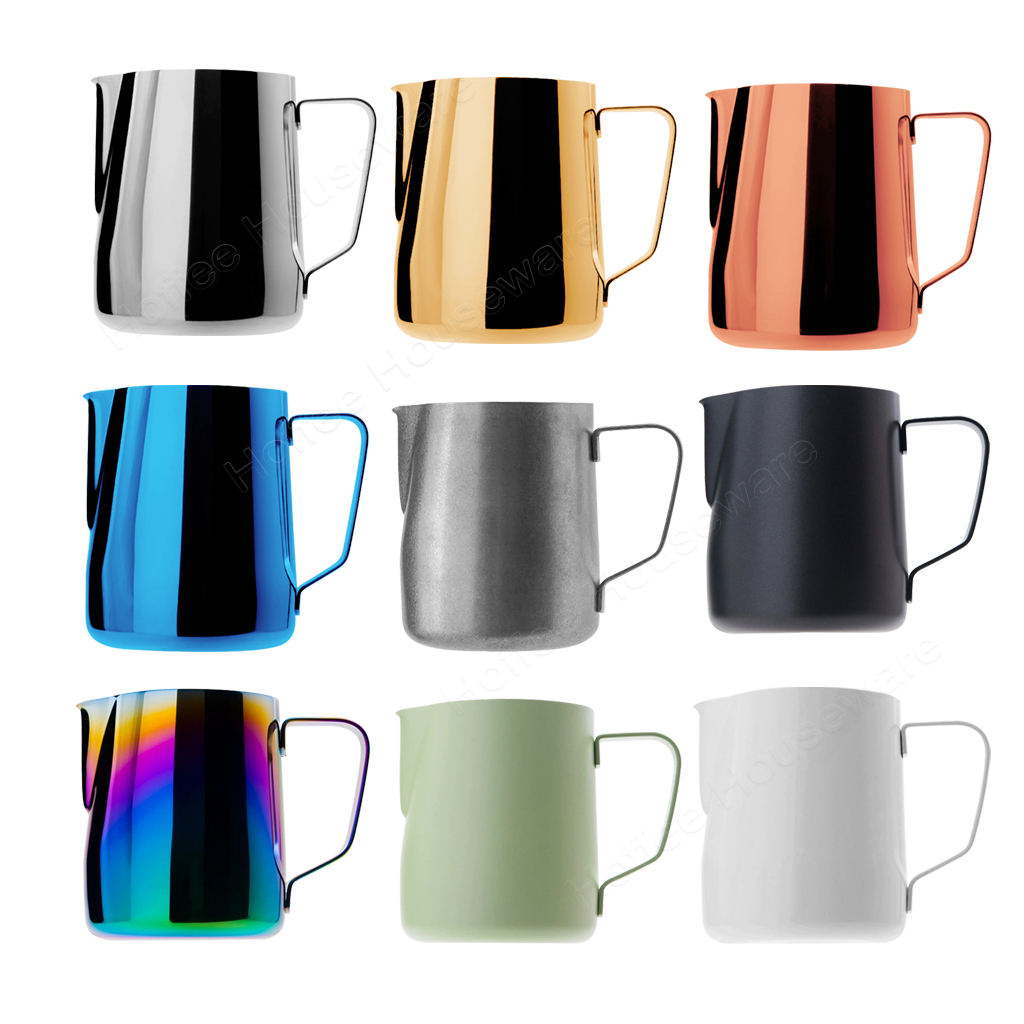 Real Coffmach milk pitchers showing different exterior material finishes