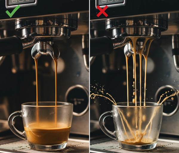 Side-by-side comparison of perfect (left, green checkmark) and poor (right, red X) espresso extraction from a portafilter.