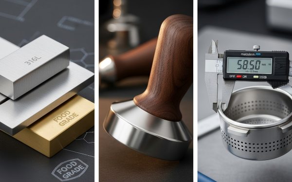 Infographic showing the Three Evaluation Pillars: Material Science (316L/Brass), Manufacturing Craftsmanship (Tamper finish), and Structural Precision (Caliper measuring a filter basket).