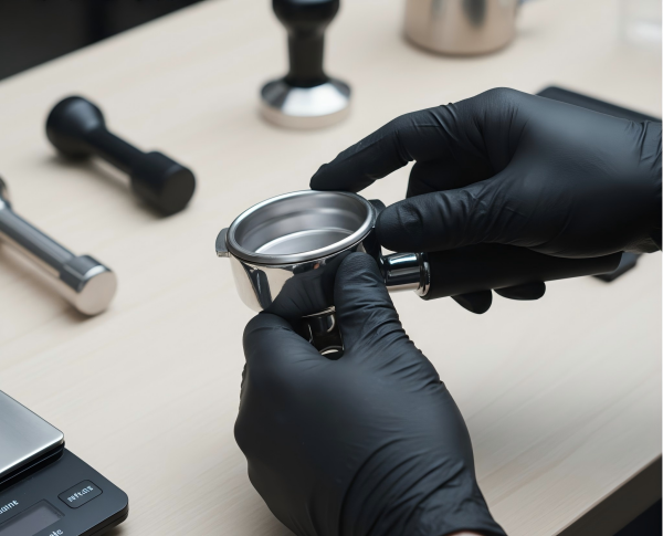 A barista wearing black gloves physically inspecting a coffee filter basket for burrs and fit as part of a practical quality check.