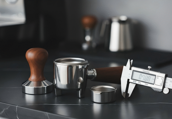 Professional coffee accessories set on a black marble counter: a wooden tamper, a bottomless portafilter, a filter basket, and a digital caliper measuring precision.