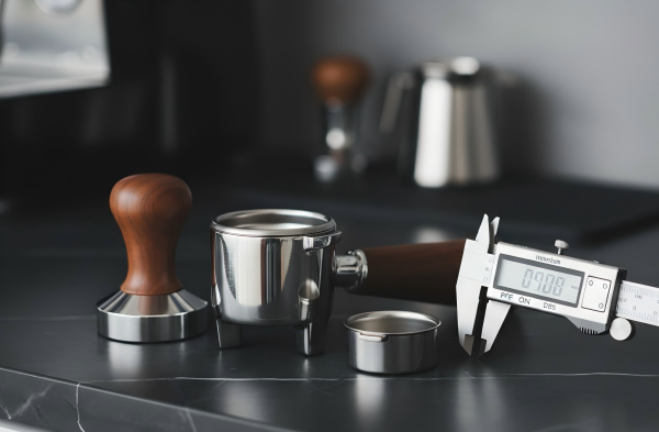 Professional coffee accessories set on a black marble counter: a wooden tamper, a bottomless portafilter, a filter basket, and a digital caliper measuring precision.