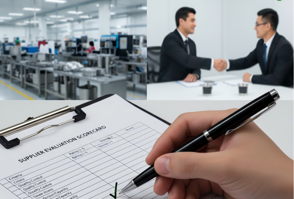 Hand marking a supplier evaluation scorecard with background images of a factory floor and a business handshake.