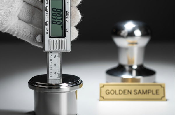 White-gloved hand using a digital caliper to precisely measure a coffee tamper, with a "Golden Sample" in the background
