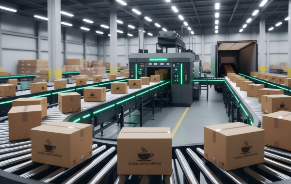 Automated conveyor belts in a modern warehouse carrying branded coffee supply boxes towards a loading truck.