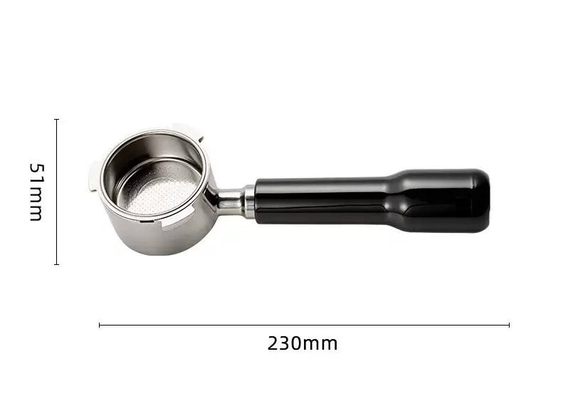 Coffmach bottomless portafilter dimensional example showing 51mm body height and 230mm total length