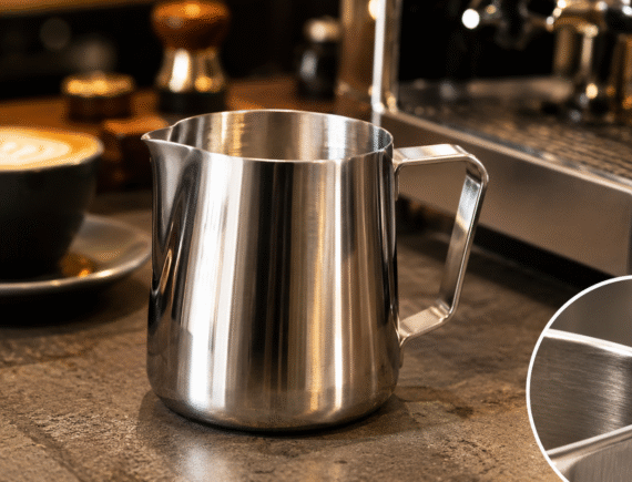 304 stainless steel coffee milk pitcher showing material finish and rim thickness on a coffee bar