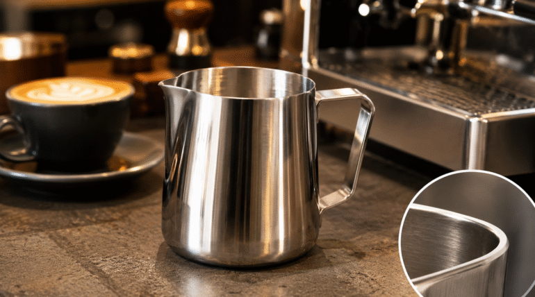 304 stainless steel coffee milk pitcher showing material finish and rim thickness on a coffee bar