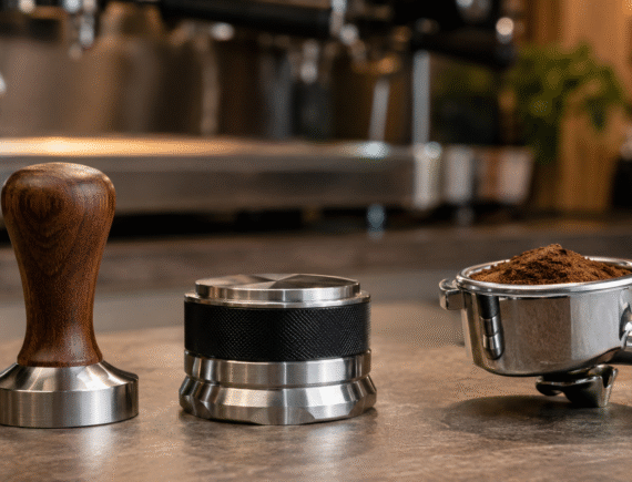 Coffee tamper and coffee distributor beside a portafilter filled with ground coffee