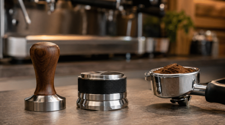Coffee tamper and coffee distributor beside a portafilter filled with ground coffee