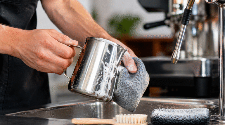 How to clean a coffee milk pitcher with a soft cloth and cleaning brush
