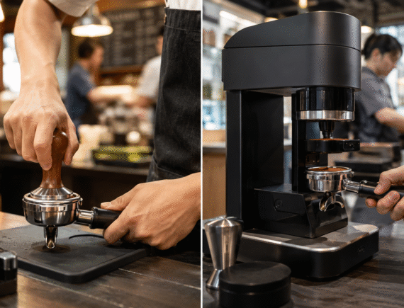 Manual vs Automatic Coffee Tamper comparison in a busy cafe, showing a barista using a manual tamper beside an automatic coffee tamping machine.