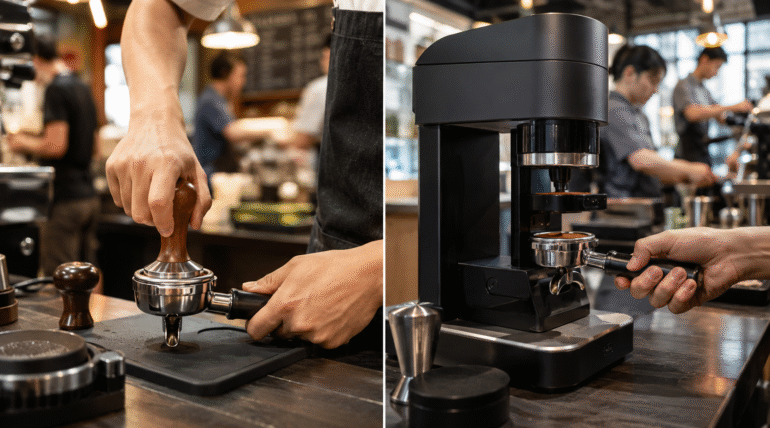 Manual vs Automatic Coffee Tamper comparison in a busy cafe, showing a barista using a manual tamper beside an automatic coffee tamping machine.