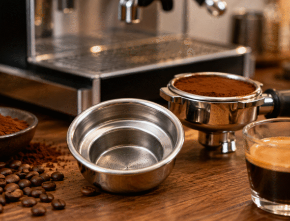 Step-down portafilter basket displayed beside a portafilter, espresso shot, coffee beans, and espresso machine on a warm wooden coffee bar.