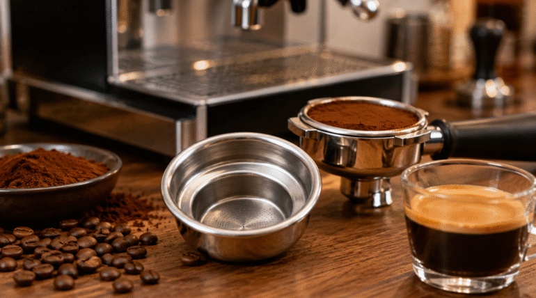 Step-down portafilter basket displayed beside a portafilter, espresso shot, coffee beans, and espresso machine on a warm wooden coffee bar.